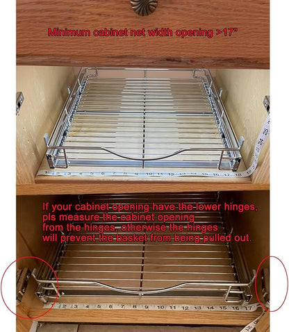 DINDON 1 Tier Pull Out Cabinet Organizer (17" W x 18" D) Heavy-Duty Metal Sliding Drawer Shelf, Slide Out Wire Basket for Kitchen Cabinets, Pantry, Bathroom, Chrome Finish…