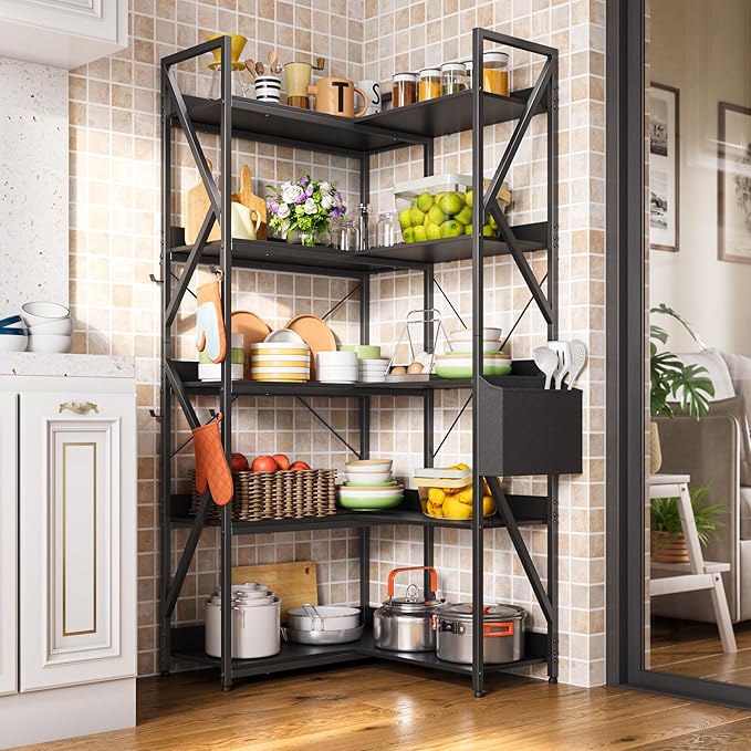 Gizoon 5 Tier Industrial Bookshelf, 65" H Reversible Corner Bookshelf, Bookcase, Freestanding Display Shelf, with 4 Hooks, a Storage Basket, Metal Frame, for Living Room, Kitchen, Office, Black