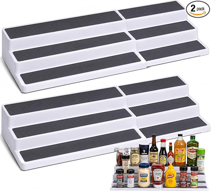 Oizeir Plastic 3-Tier Expandable Spice Rack, Adjustable Length, Stability with Non-Skid Shelf, For Easy Visibility, Organizer for Kitchen Cabinet, Pantry or Countertop, (2-Pack), White/Grey