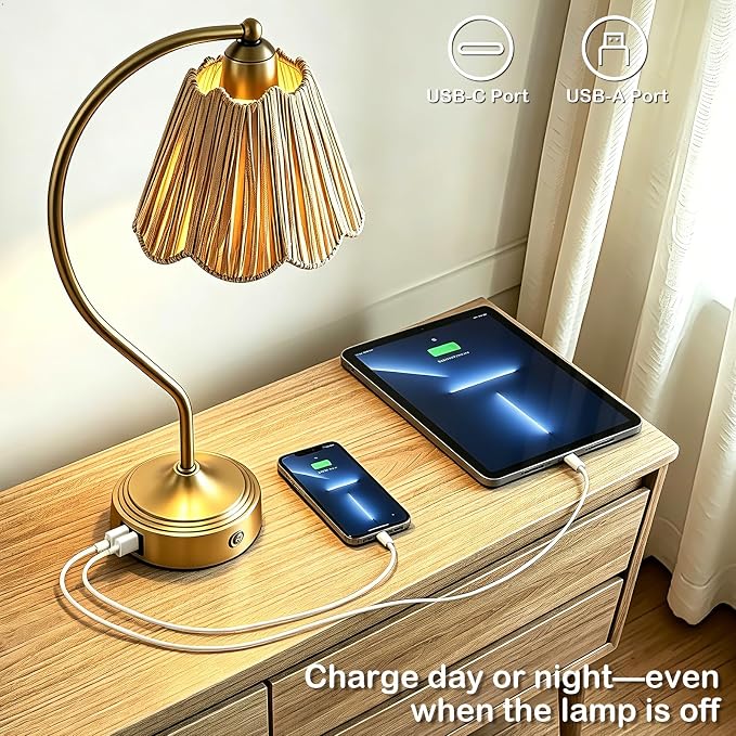 Boho Rattan Touch Small Table Lamps USB C+A Ports | Retro Rattan Shade, 3-Way Dimmable Farmhouse Lamp for Bedroom Living Room Entryway Office, LED Bulbs Included