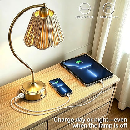 Boho Rattan Touch Small Table Lamps USB C+A Ports | Retro Rattan Shade, 3-Way Dimmable Farmhouse Lamp for Bedroom Living Room Entryway Office, LED Bulbs Included