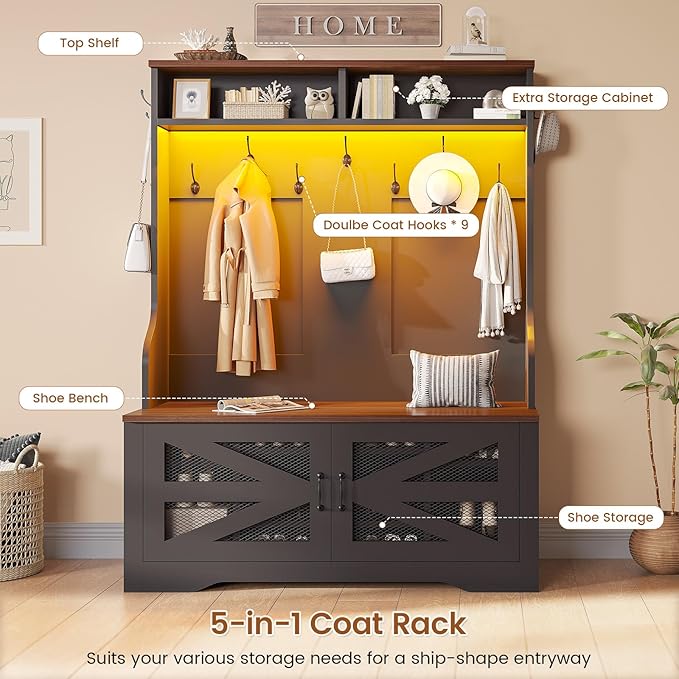 Itaar Hall Tree with Bench and Shoe Storage, 5-in-1 Entryway Bench with Coat Rack, 10 Shoe Cubbies & 9 Coat Hooks, Barn Door & Adjustable Shelf (Black)