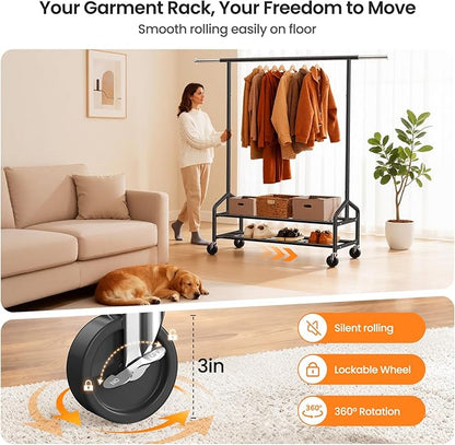 Heavy Duty Clothes Rack, Rolling Clothing Rack for Hanging Clothes with 2 Sturdy Shelves Load 650 LBS, Metal Garment Rack with Wheels for Bedroom, Laundry Room, Retail Store, Black