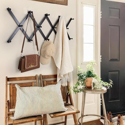 Wall Rack with 14 Hooks, Wooden Wall Expandable Coat Rack for Coat, Hats, Baseball Caps, Coffee Mug, Jewelry(Black)