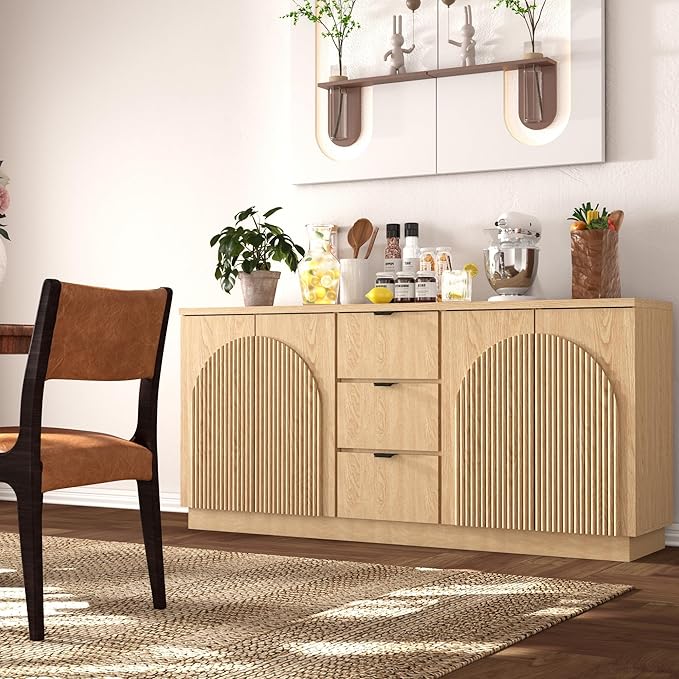 Brafab 67" Mid Century Modern Style Storage Sideboard with 4 Arched Reeded Design Doors and 3 Drawers with Adjustable Shelves, Suitable for Living Rooms, Studies and Dining Rooms (Natural Oak, 1 PCS)