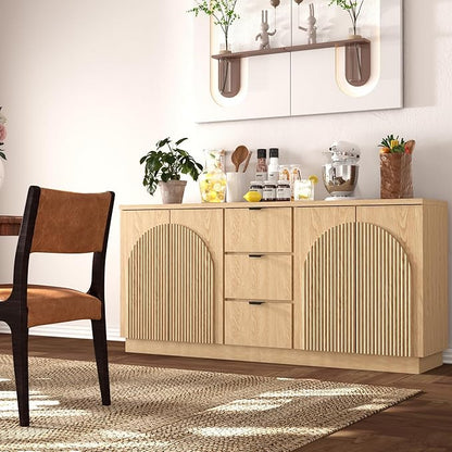 Brafab 67" Mid Century Modern Style Storage Sideboard with 4 Arched Reeded Design Doors and 3 Drawers with Adjustable Shelves, Suitable for Living Rooms, Studies and Dining Rooms (Natural Oak, 1 PCS)