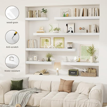 Acovy 30 Inch Floating Shelves, 12" Deep Floating Shelf Wall Mounted, 30" Wall Shelves, Rustic Deep Bookshelf, Extra Deeper & Thicker Display Shelves for Bedroom, Living Room, White, Set of 2