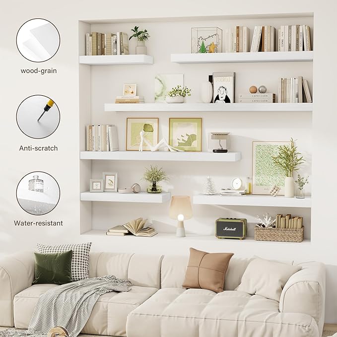 Acovy 36 Inch Floating Shelves, 12" Deep Floating Shelf Wall Mounted, 36" Wall Shelves, Rustic Deep Bookshelf, Extra Deeper & Thicker Display Shelves for Bedroom, Living Room, White, Set of 2