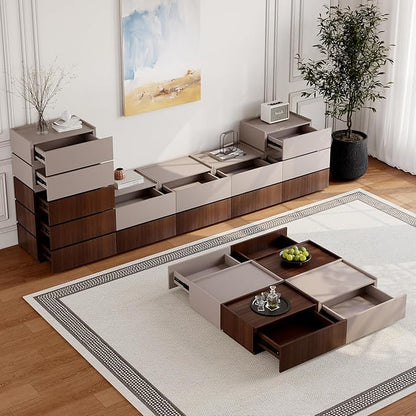Coffee Table with Storage,Modern Center Table with 4 Hidden Drawers for Living Room,Rectangle Coffee Table for Home Furniture,Bedroom,Beige Gray and Dark Walnut