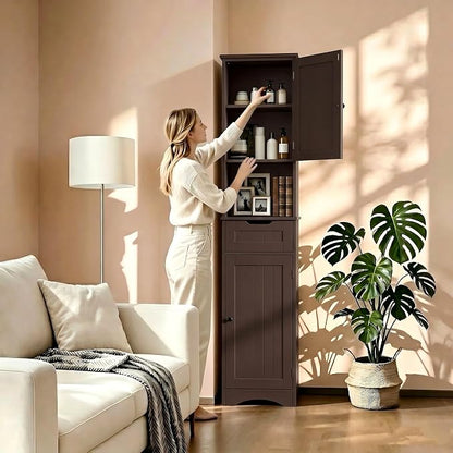 Gizoon 67" H Tall Bathroom Cabinet, Storage Cabinet with 2 Doors & Drawer, Narrow Linen Tower Freestanding Adjustable Shelves for Home, Kitchen, Versatile, Anti-Tipping, Dark Brown | Tall