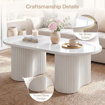 Tribesigns Oval Coffee Table, 47" Modern Center Table with Fluted Design, Tea Table with Sturdy Legs for Living Room, Bedroom, Office, Easy Assembly, White