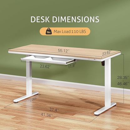 Furmax Electric Standing Desk with Drawers, Adjustable Height Sit Stand Desk with One-Piece Desktop & USB Charging Port for Home Office Computer Desks (Bamboo Desktop, 55 Inch)
