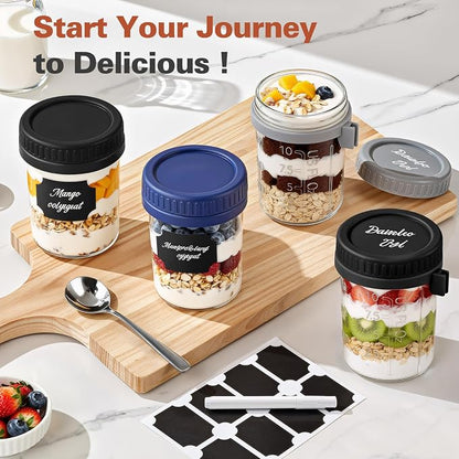 6 Pack Overnight Oats Containers with Lids and Spoons, 16 oz Airtight Oatmeal Container with Measurement Marks, Overnight Oats Jars Large Capacity Airtight Jars for Milk, Cereal, Fruit