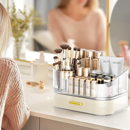 Delamu Makeup Organizer for Vanity with Stackable Drawers, 360 Rotating Makeup Brush Holder Large Cosmetic Display Case, Bathroom Skincare Storage, Elegant White, Ideal Christmas Gifts for Girls