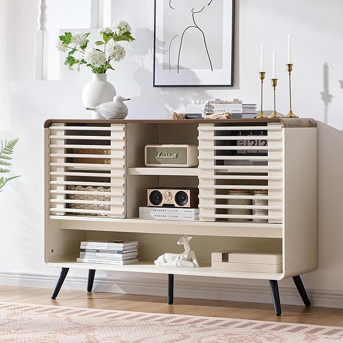 OKD Entryway Table with Sliding Slatted Door, 46" Mid Century Modern Wood Console Table w/Adjustable & Open Storage Shelf, Sofa Table Behind Couch for Hallway, Foyer, Living Room, Antique White