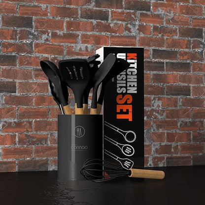 oannao Silicone Cooking Utensils Set - 446°F Heat Resistant Silicone Kitchen Utensils for Cooking,Kitchen Utensil Spatula Set w Wooden Handles, BPA FREE Gadgets for Non-Stick Cookware (Black)
