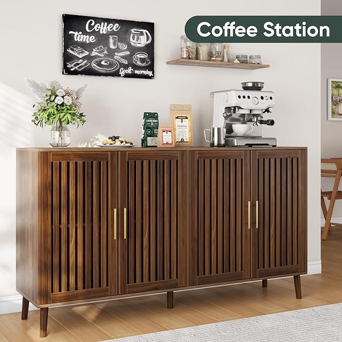 63" Long Sideboard Buffet with 4 Slatted Doors, Farmhouse Buffet Storage Cabinet with Adjustable Shelf, Coffee Bar Cabinet for Entryway, Kitchen, Dining Room, Living Room, Walnut Color | 4 Louvered Doors, Farmhouse Buffet, Storage Cabinet, Gold Handle,...