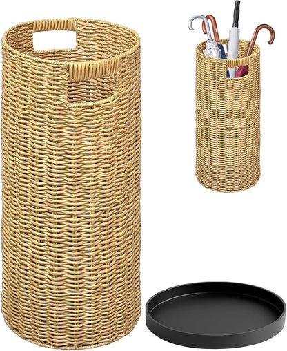 Rattan Umbrella Holder 21" H X 10" D, Handmade Wicker Umbrella Stand Indoor with Dip Tray, Sturdy Umbrella Holders for Entryway, Umbrella Bucket Fits Mudroom,Walking Canes,Home,Office (Oak)