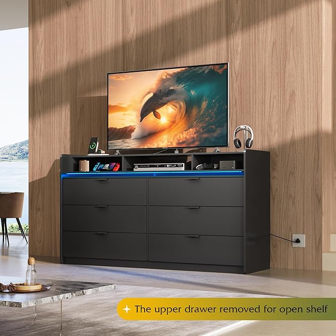 WLIVE 9 Drawer Led Dresser for Bedroom, 58" Black Wood Dresser Storage Organizer with Charging Station for 65" TV, Dressers with Open Shelves, Chest of Drawers for Closet, Living Room