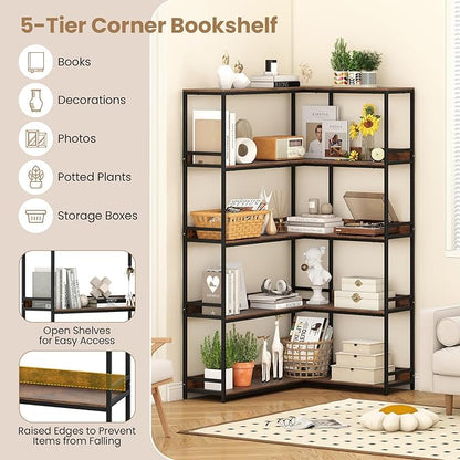 Giantex 5-Tier Corner Bookshelf, 71" L-Shaped Bookcase, Tall Etagere Bookshelf with Metal Frame, Industrial Open Display Shelf, Vertical Storage Rack for Living Room, Study, Office (Rustic Brown)