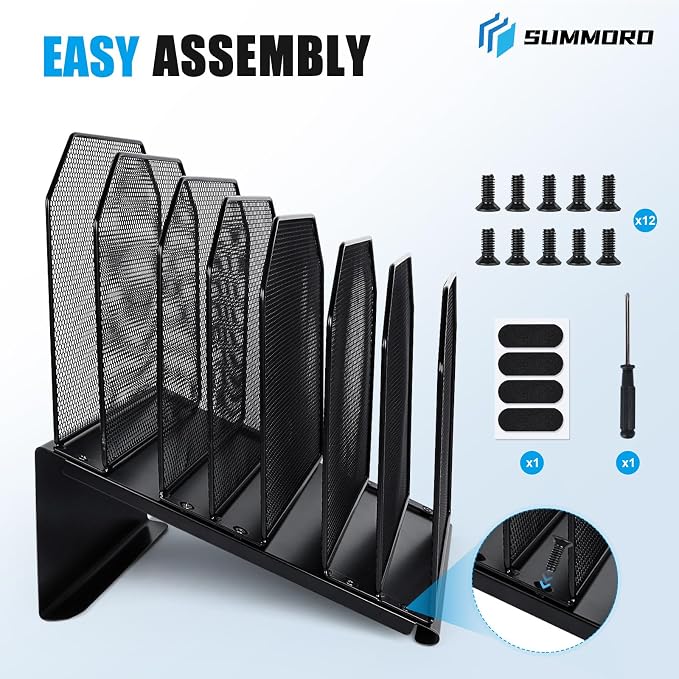 SUMMORO Inclined File Organizer for Desk, 7-Section Vertical File Folder Holder Office Desk Organizer Metal Rack File Wire Mesh Desktop Document Sorter for Office School Classroom Home (Black)