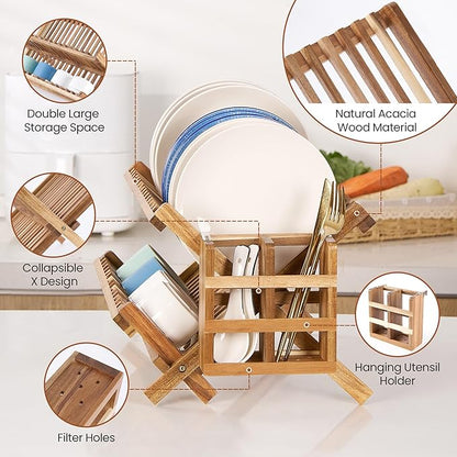 NOVAYEAH Acacia Wooden Dish Drying Rack for Kitchen Counter 2-Tier Collapsible Bmaboo Dish Drying Rack with Utensil Holder-Large Folding Dish Drainer Rack with Flatware Holder 34 pcs Grid