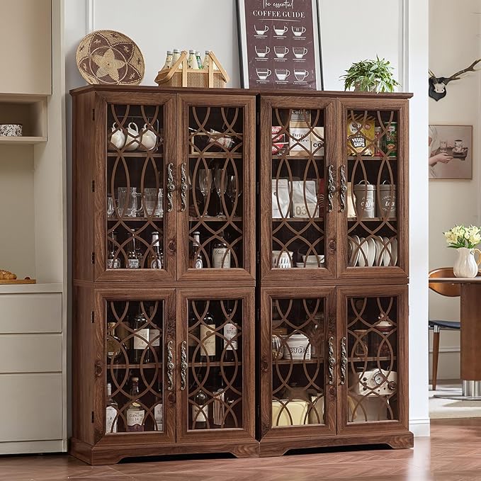 67" Tall Pantry Cabinet, Vintage Kitchen Pantries Cabinets with Glass Doors & Adjustable Shelves, Freestanding Wood Cupboard with Large Storage for Dingning Room, Bathroom, Brown