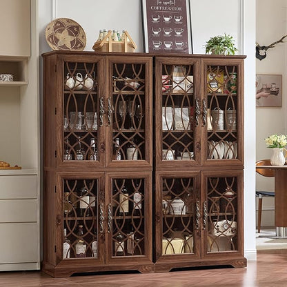 67" Tall Pantry Cabinet Set of 2, Vintage Kitchen Pantries Cabinets with Glass Doors & Adjustable Shelves, Wood Cupboard with Large Storage for Dingning Room, Bathroom, Brown