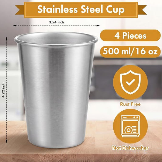 Mimorou 4 Pack 16 oz Stainless Steel Pint Cups Metal Cups Unbreakable Drinking Water Tumblers Stackable Tumbler for Adults Bar Home Restaurant Travel Picnic Camping Outdoor (Silver)