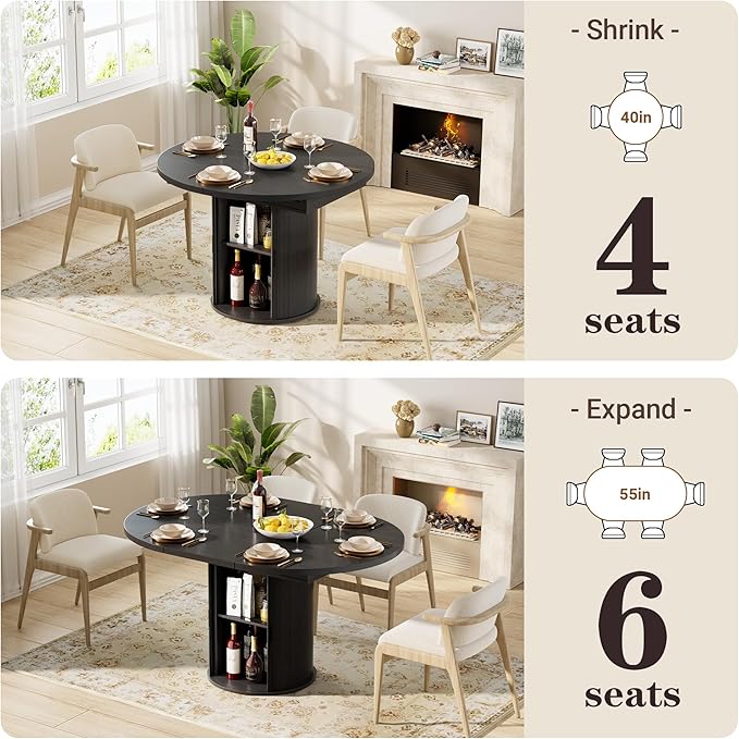40-55in Black Round Dining Table for 4–6, Modern Expandable Dining Table, Oval Dinner Table with Removable Leaves Space Saving, Kitchen Table for Dining Room,Apartments or Meeting Rooms