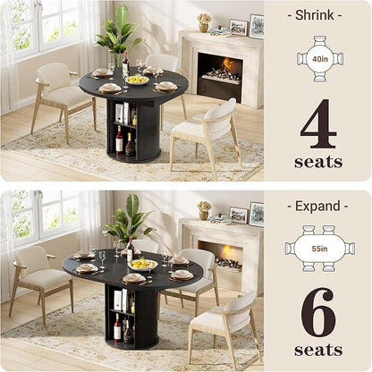 40-55in Black Round Dining Table for 4–6, Modern Expandable Dining Table, Oval Dinner Table with Removable Leaves Space Saving, Kitchen Table for Dining Room,Apartments or Meeting Rooms