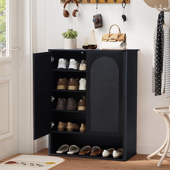Shoe Cabinet, 5 Tier Wooden Shoe Storage Organizer Cabinet with Adjustable Shelves, Shoes Rack Accent Cabinet for Entryway Hallway Living Room, Black