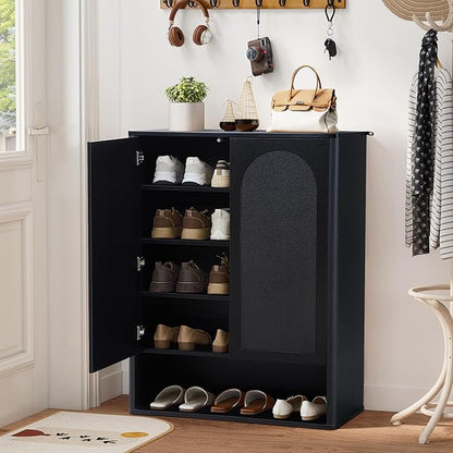 Shoe Cabinet, 5 Tier Wooden Shoe Storage Organizer Cabinet with Adjustable Shelves, Shoes Rack Accent Cabinet for Entryway Hallway Living Room, Black