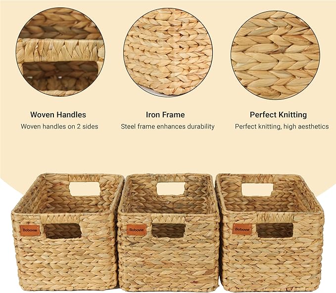 Large Wicker Storage Baskets, Set of 3, Water Hyacinth Basket Organizer, 14.2x10.2x8.7H Inches -Great Storage Solution for Shelf and Pantry Storage