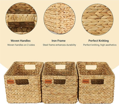 Large Wicker Storage Baskets, Set of 3, Water Hyacinth Basket Organizer, 14.2x10.2x8.7H Inches -Great Storage Solution for Shelf and Pantry Storage