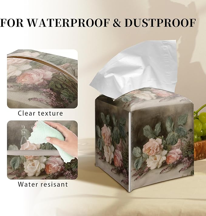 Grace Yonks Retro Tissue Box Cover Square - Vintage Garden Roses Design 5.2" PU Leather Holder for Vanity, Desk, or Bathroom Counter - Cube Case for Facial Tissues. (115)