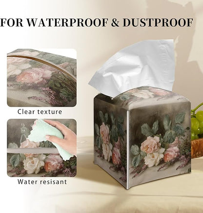 Grace Yonks Retro Tissue Box Cover Square - Vintage Garden Roses Design 5.2" PU Leather Holder for Vanity, Desk, or Bathroom Counter - Cube Case for Facial Tissues. (115)