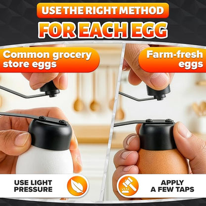 Egg Cracker Tool for Raw Eggs — Egg Shell Opener for Soft-Boiled Shell Tops, Stainless Steel Topper with Ergonomic Adjustable Effort — Clean Cut Design for Breakfast Prep, Custards, & Baking (Black)