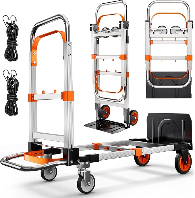 Zolpoyia 3 in 1 Folding Hand Truck Dolly Cart with Wheels, 660lbs Capacity Foldable Utility Cart Aluminum Trolley Cart Convertible Dolly for Moving Furniture Shopping for Garden Home Office Warehouse
