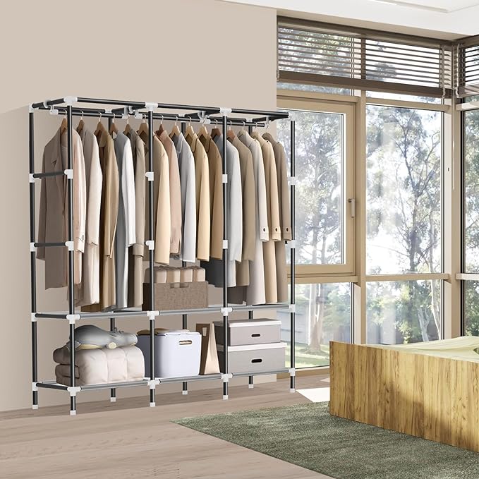 LOKEME Wardrobe Closet,Portable Closet for Bedroom Steel Pipe Diameter 19mm Strong and Sturdy Coffee Colored Portable Closets for Hanging Clothes with 3 Hanging rods, 6 Storage Shelves and Side Pocket