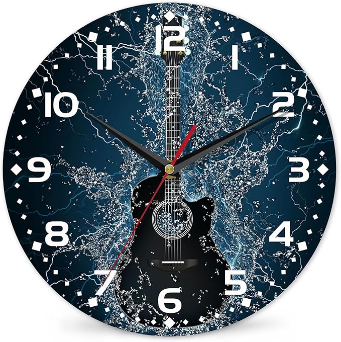 Electric Guitar Wall Clock - 10 Inch Wooden Art Hanging Clock, Silent Non-Ticking, Battery Operated, Round Home Arabic Numeral Decorative
