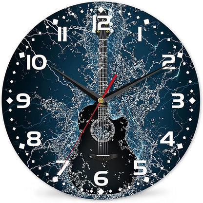 Electric Guitar Wall Clock - 10 Inch Wooden Art Hanging Clock, Silent Non-Ticking, Battery Operated, Round Home Arabic Numeral Decorative