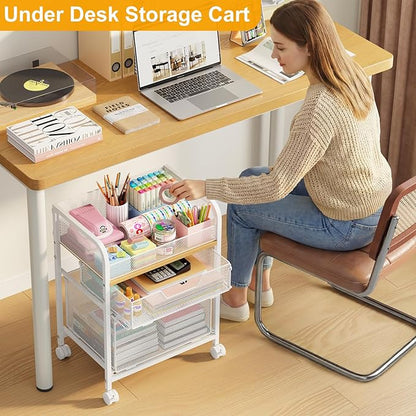 Yociyoga 3 Tier Rolling Cart with Drawers,Pantry Storage Cart with Wheels,Under Desk Storage Cart for Small Space,Pantry Floor Organizers and Storage,Metal Load-Bearing Utility Craft Cart,White