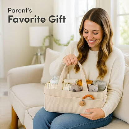 PUTSKA Baby Diaper Caddy Organizer for Changing Table – Stylish Nursery Storage Basket, Newborn Essentials, Baby Shower Gifts and Registry Must-Haves for Boy or Girl, Car Diaper Caddy, Corduroy Cream