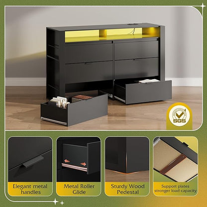WLIVE 6 Drawer Led Dresser for Bedroom, 51" Black Wood Dresser Storage Organizer with Charging Station for 55" TV, Dressers with Open Shelves, Hanging Rack, Chest of Drawers for Closet, Living Room