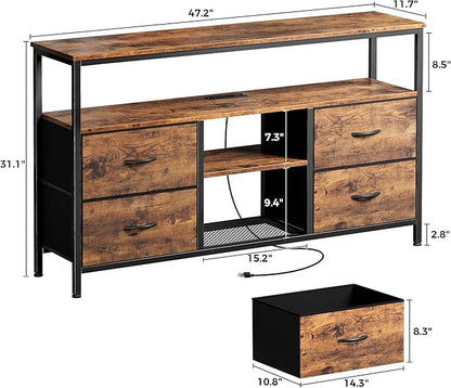 Huuger 47 Inch TV Stand Dresser with Power Outlets and LED Lights, Fabric Dresser for Bedroom, 4 Drawers Entertainment Center with Open Shelf, Media Console for 55 50 Inch TV, Rustic Brown