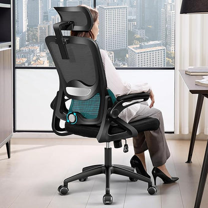 Ergonomic Office Chair,Mesh Office Chair with Lumbar Support,High Back Desk Chair with Flip-up Arms,400 lbs Big and Tall Computer Chair with Headrest,Comfy Desk Chairs (Black)