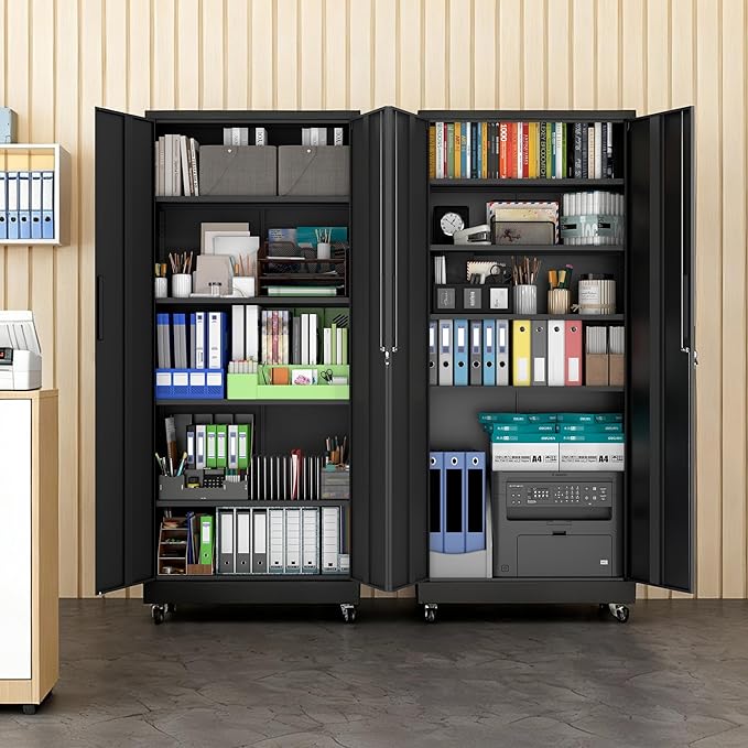 Garage Metal Storage Cabinet with Lock, 71'' Tall Storage Cabinet with Adjustable Shelves and Doors, Rolling Tool Cabinet on Wheels for Garage, Utility Room
