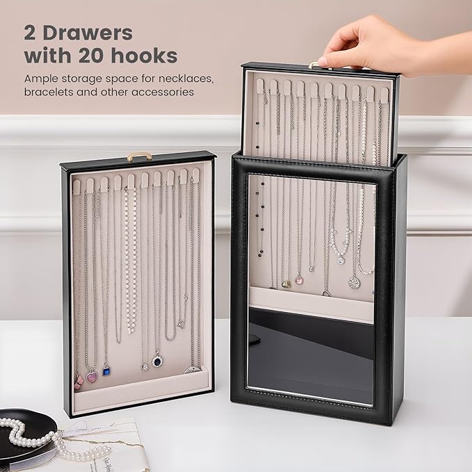 Lolalet Necklace Organizer Box, Jewelry Storage Box with Clear Window for Necklaces Bracelets, Tangle-Free Necklace Display Case for Women Girls, Black, 2 Layers 20 Hooks