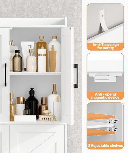 Akxomel Tall Bathroom Storage Cabinet, Bathroom Floor Cabinet with 6 Barn Doors, 11.6''D x 22.6''W x 60.2''H, Adjustable Shelves, Linen Pantry Cabinet, for Kitchen Living Room, Entryway, White